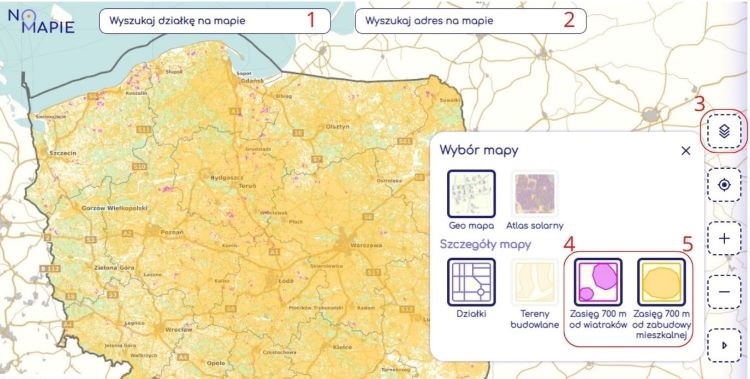 Interaktywna mapa ograniczeń zabudowy 700 m od wiatraków - ZielonaGospodarka.pl