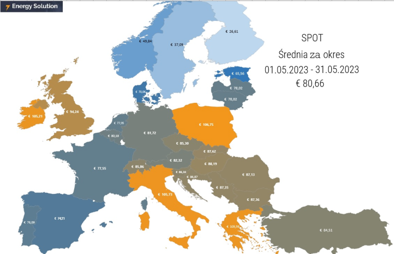 Mapa średnich cen energii w maju 2023 r. - ZielonaGospodarka.pl